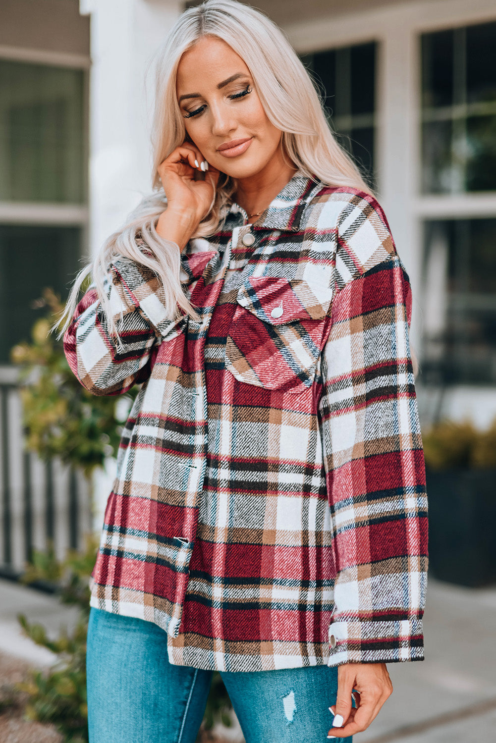 Fiery Red Geometric Plaid Print Pocketed Shacket-Chaelisa's New Jammies