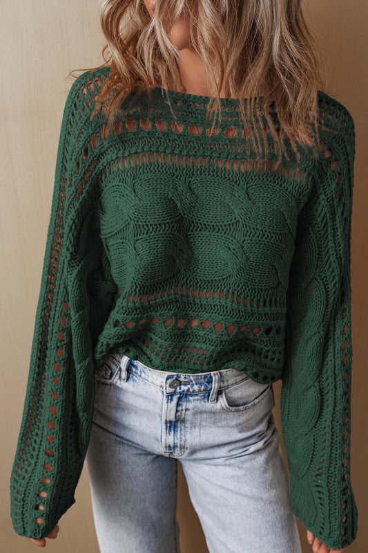 Blackish Green Hollow-out Cable Knit Cropped Sweater-Chaelisa's New Jammies