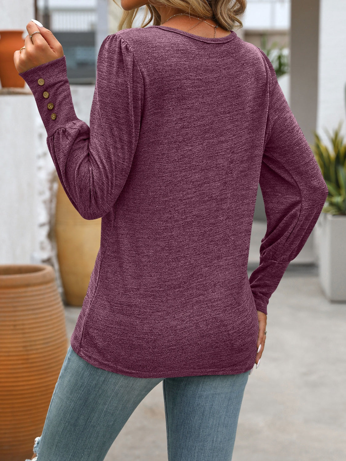 Decorative Button Round Neck Long Sleeve T-Shirt-Chaelisa's New Jammies