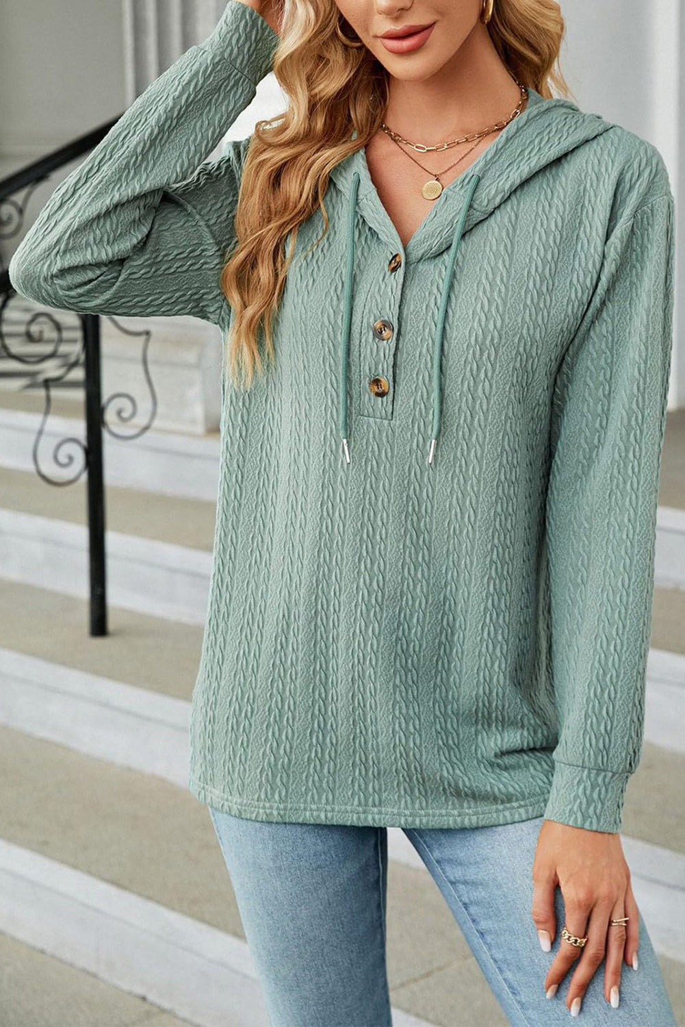 Mint Green Button Front Textured Drawstring Hooded Long Sleeve Top-Chaelisa's New Jammies