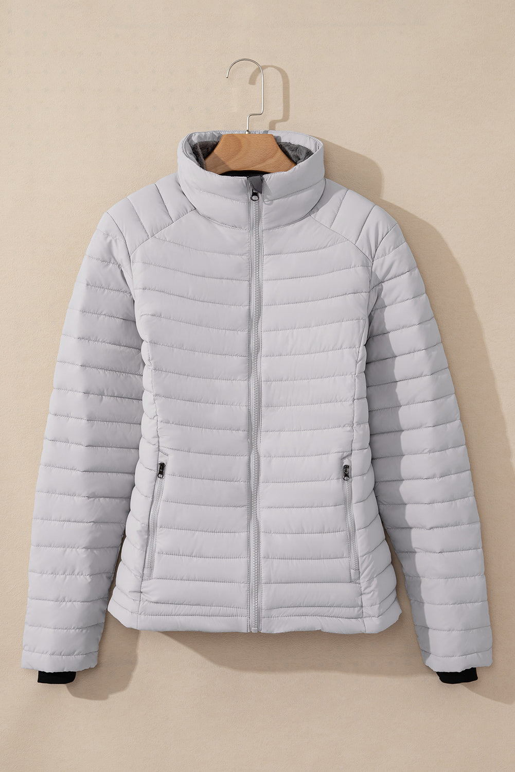 Silvery Solid Color Quilted Zip-up Puffer Jacket-Chaelisa's New Jammies