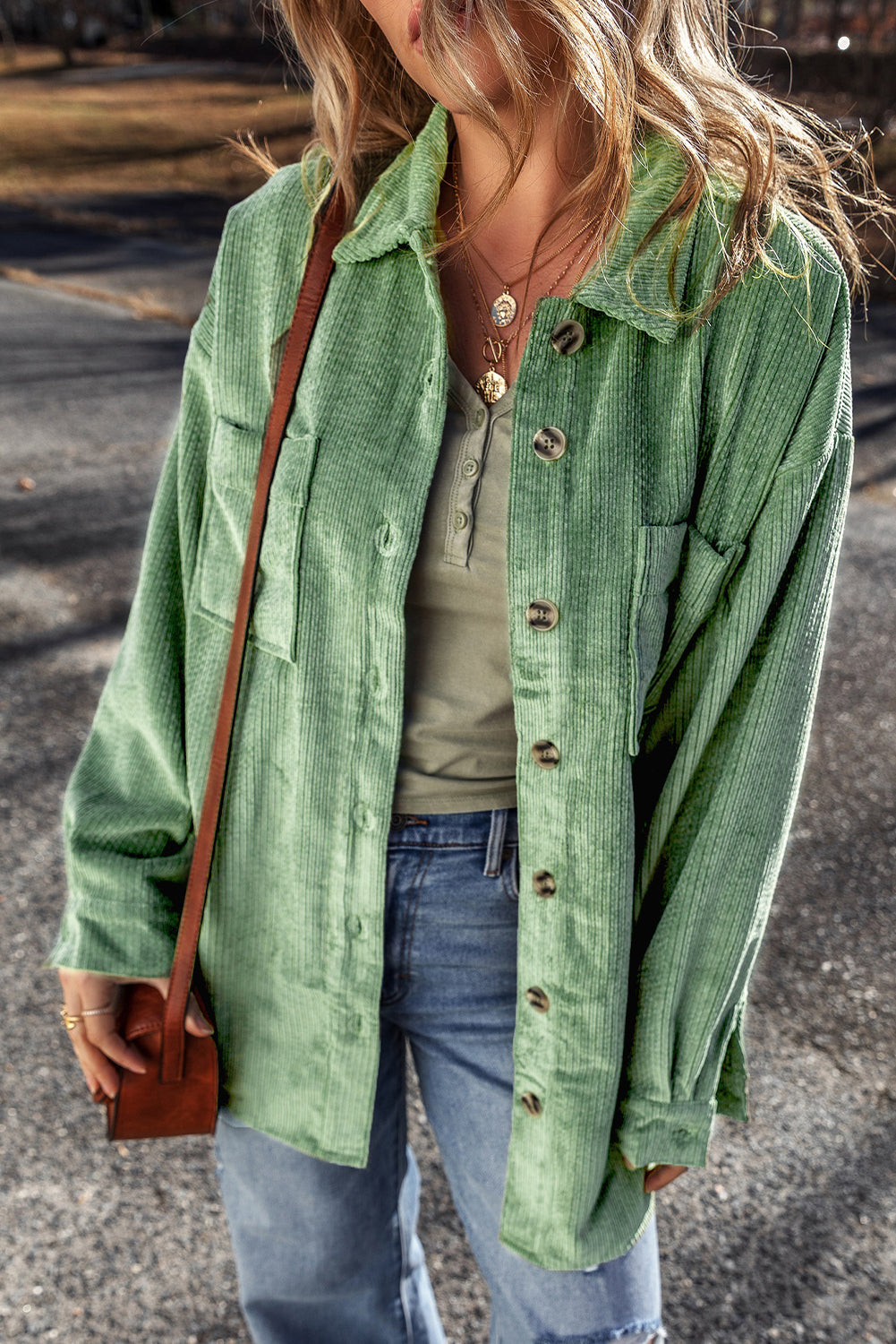 Mist Green Patched Pocket Button Up Corduroy Shacket-Chaelisa's New Jammies