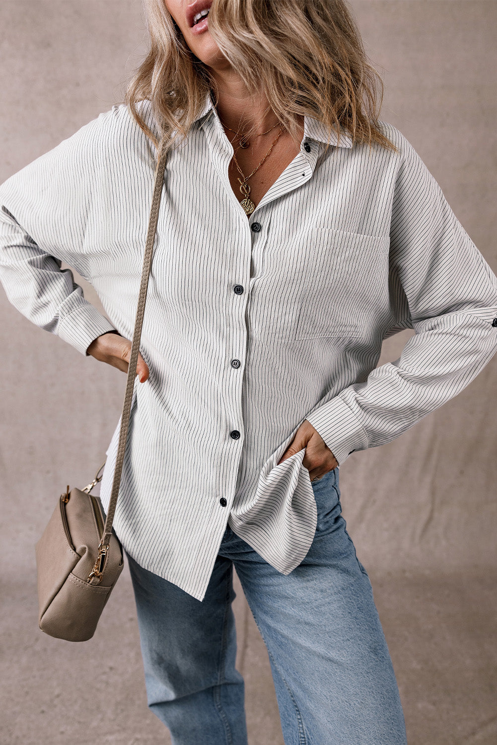 Black Stripe Roll-tab Sleeve Pocketed Long Shirt-Chaelisa's New Jammies