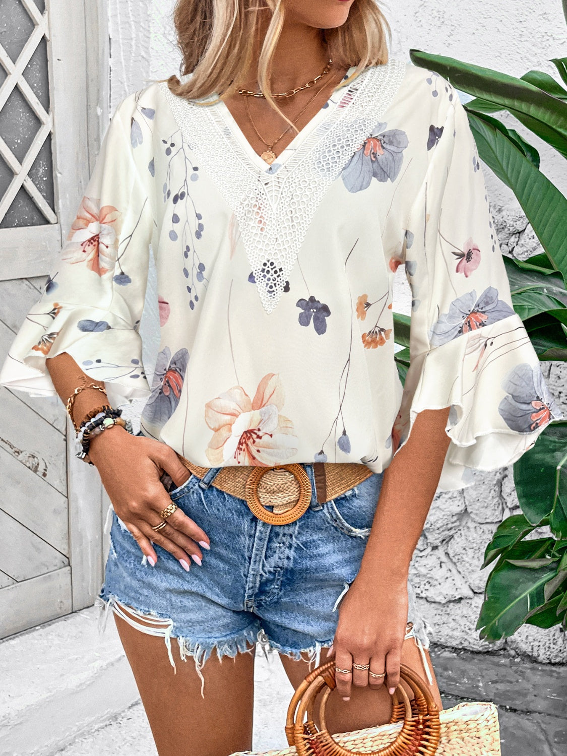 Ruffled Printed V-Neck Half Sleeve Blouse-Chaelisa's New Jammies