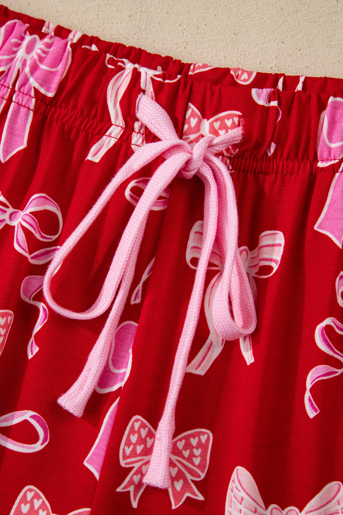 Red Sweet Bow Print Shirt Style Top Long 2pcs Pajama Set