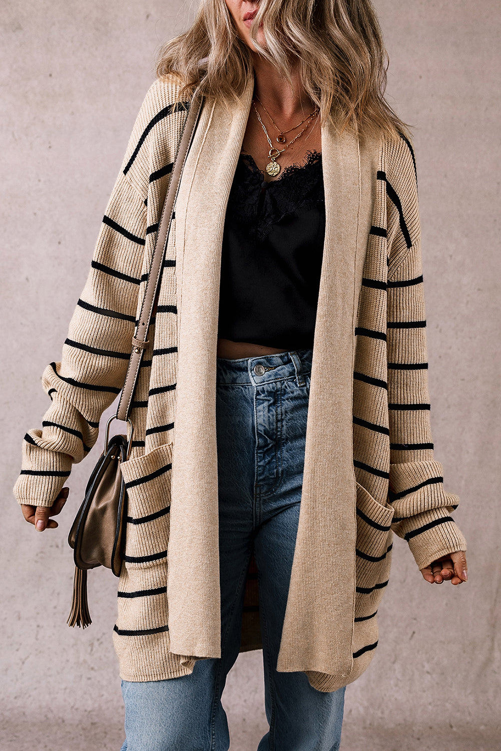 Black Stripe Shawl Neckline Open Cardigan with Pockets-Chaelisa's New Jammies