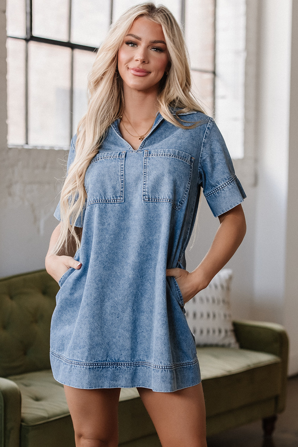 Beau Blue Short Sleeve Collared Patched Pocket Denim Mini Dress-Chaelisa's New Jammies