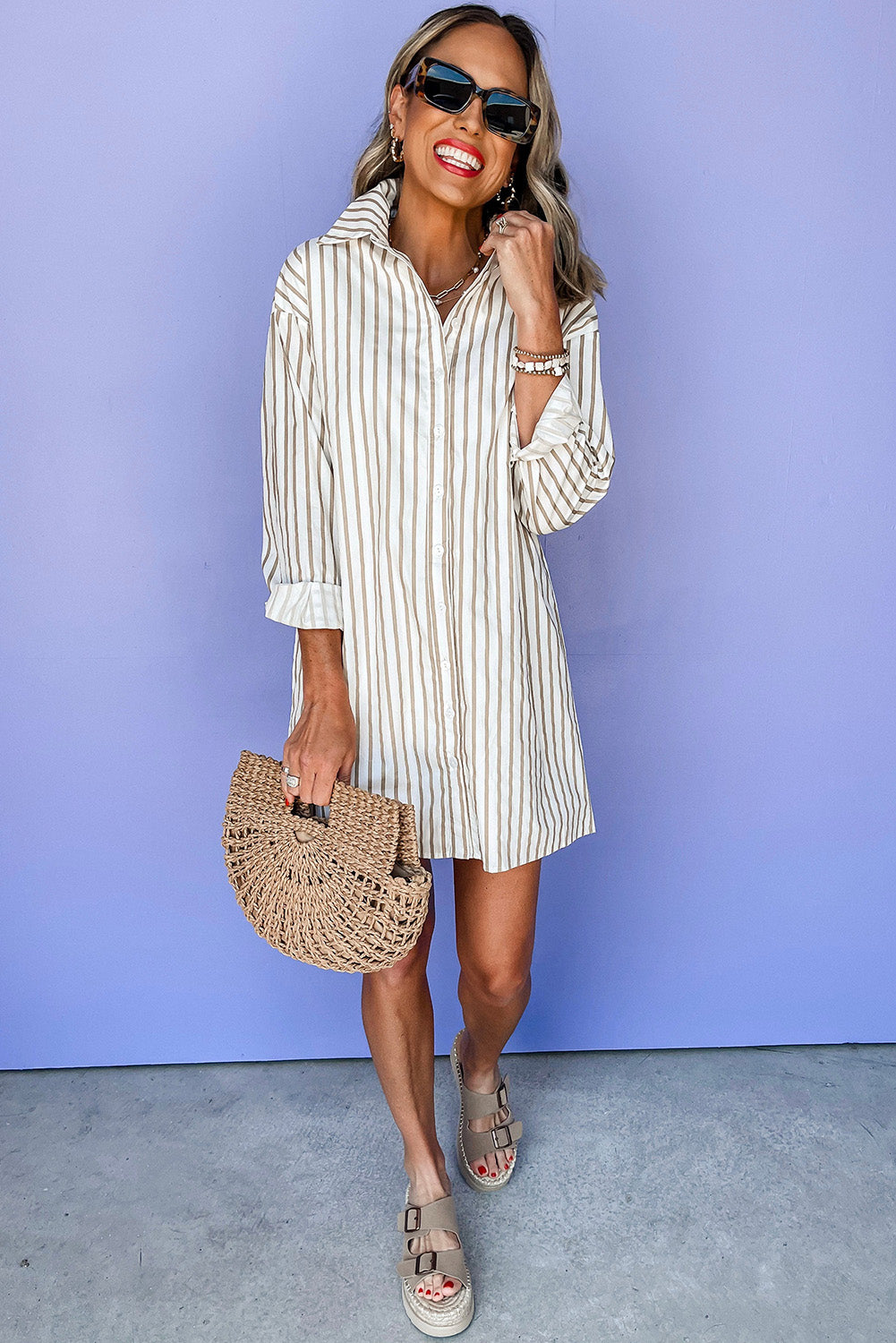 Khaki Stripe Long Sleeve Button Up Mini Shirt Dress-Chaelisa's New Jammies