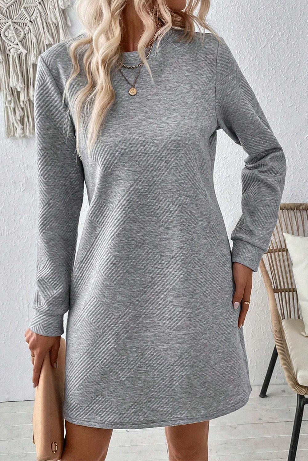 Gray Solid Color Textured Long Sleeve Shift Dress-Chaelisa's New Jammies