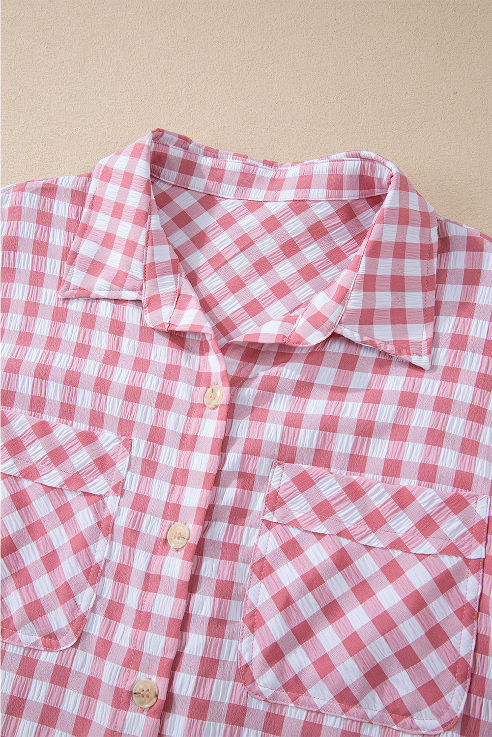 Pink Gingham Print Chest Pockets Buttoned Collared Shirt-Chaelisa's New Jammies
