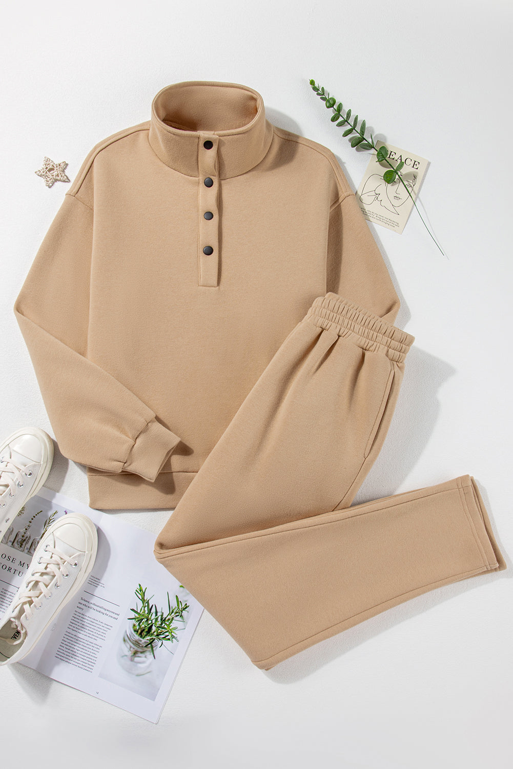 Parchment Solid Half Button Sweatshirt and High Waist Sweatpants Set-Chaelisa's New Jammies