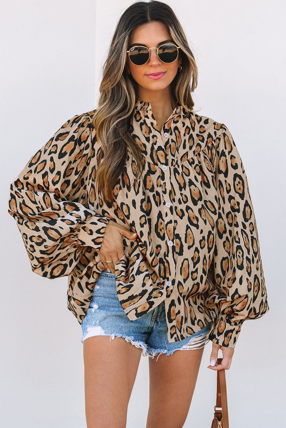 Light French Beige Oversized Leopard Print Balloon Sleeve Casual Shirt-Chaelisa's New Jammies