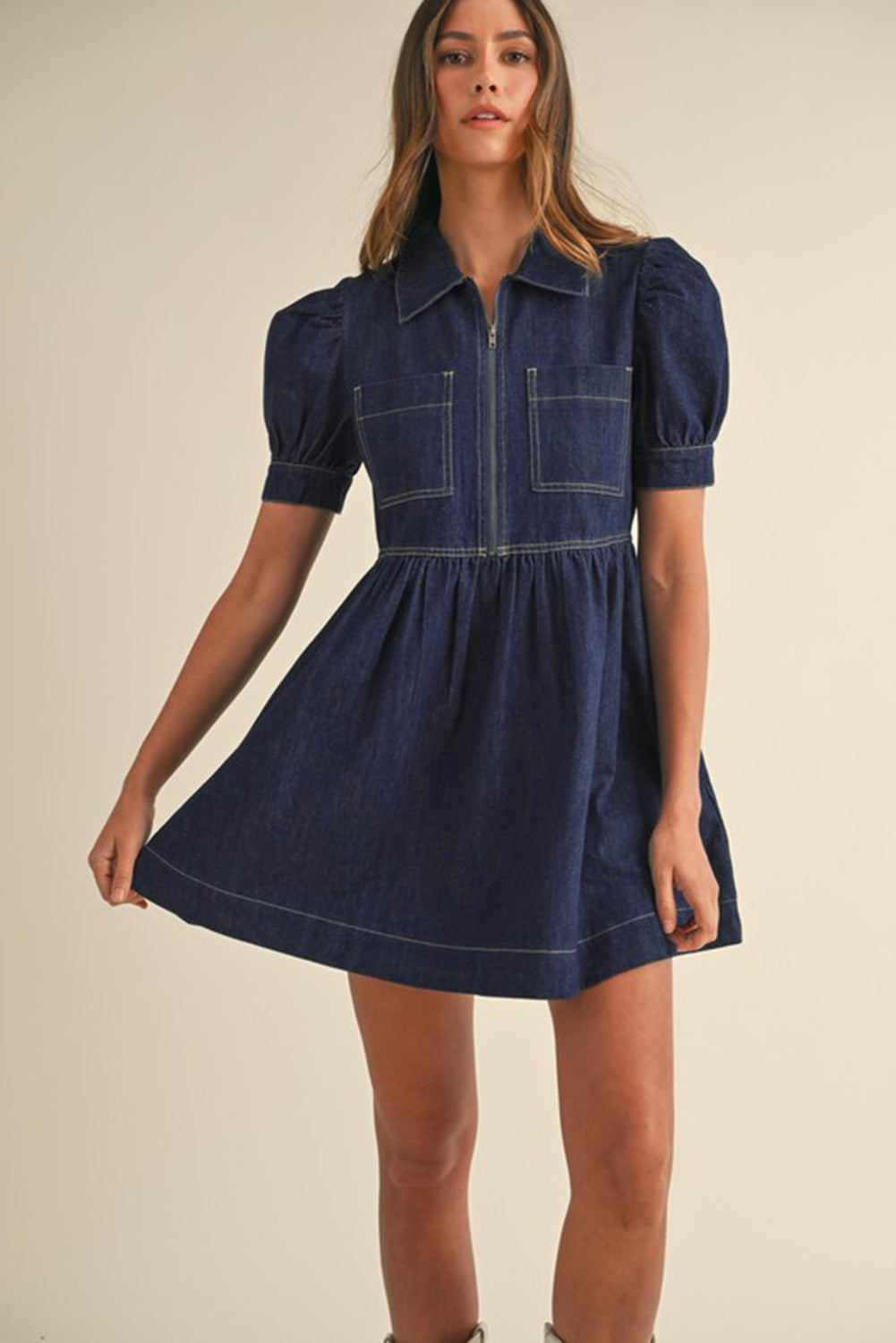 Dirty blue Zipped up Bodice Collared Short Puff Sleeve Denim Dress-Chaelisa's New Jammies