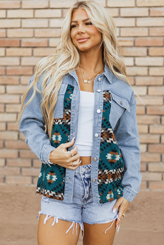 Blue Aztec Printed Denim Jacket-Chaelisa's New Jammies
