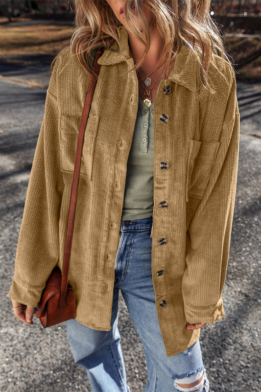 Light French Beige Patched Pocket Button Up Corduroy Shacket-Chaelisa's New Jammies