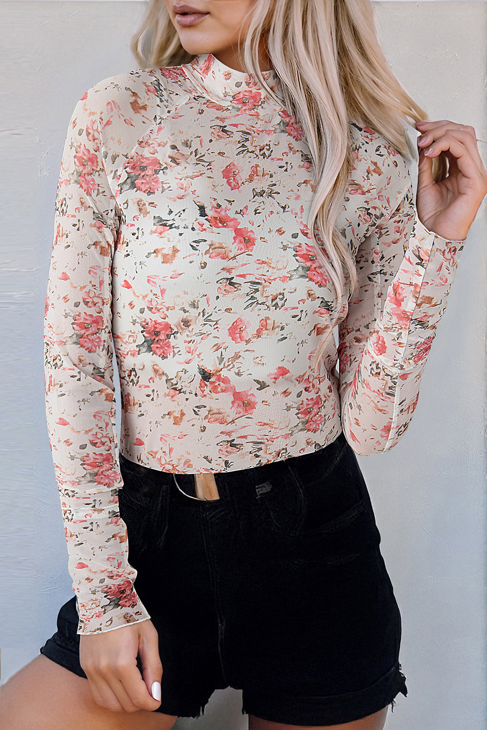 Pink Floral Long Sleeve High Neck Sheath Mesh Blouse-Chaelisa's New Jammies