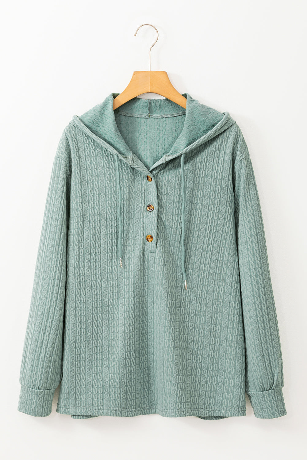 Mint Green Button Front Textured Drawstring Hooded Long Sleeve Top-Chaelisa's New Jammies