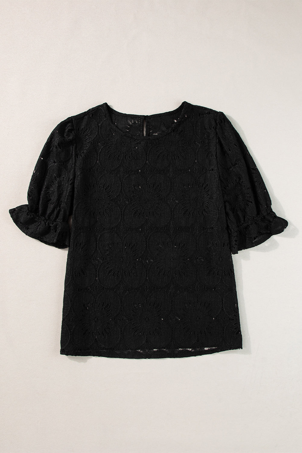 Black Flower Eyelet Jacquard Keyhole Flounce Sleeve Top-Chaelisa's New Jammies