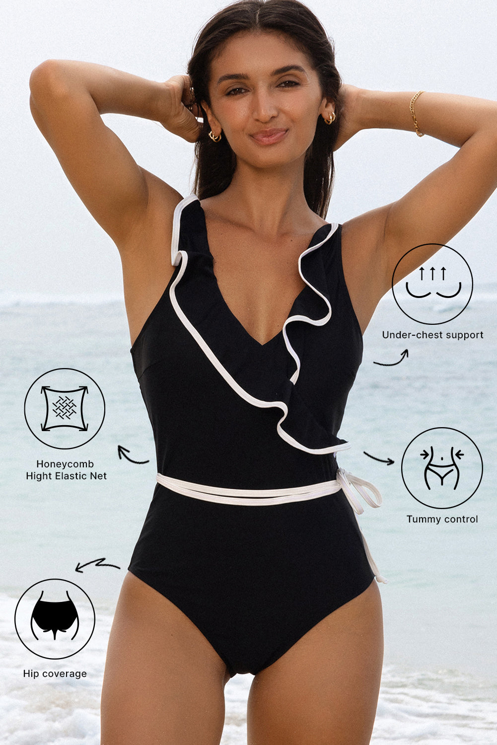 Black Color Contrast Ruffled Wrap V Neck Swimsuit-Chaelisa's New Jammies