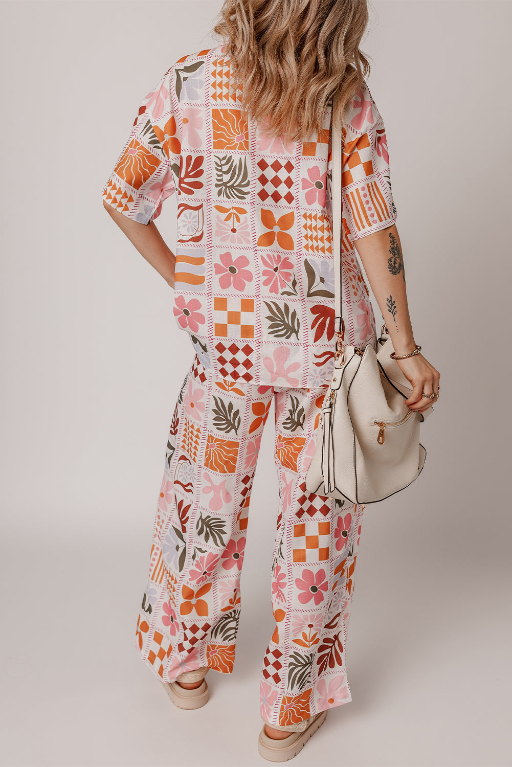 Orange Plant Checkered Print Collared Shirt and Wide Leg Pants Set-Chaelisa's New Jammies