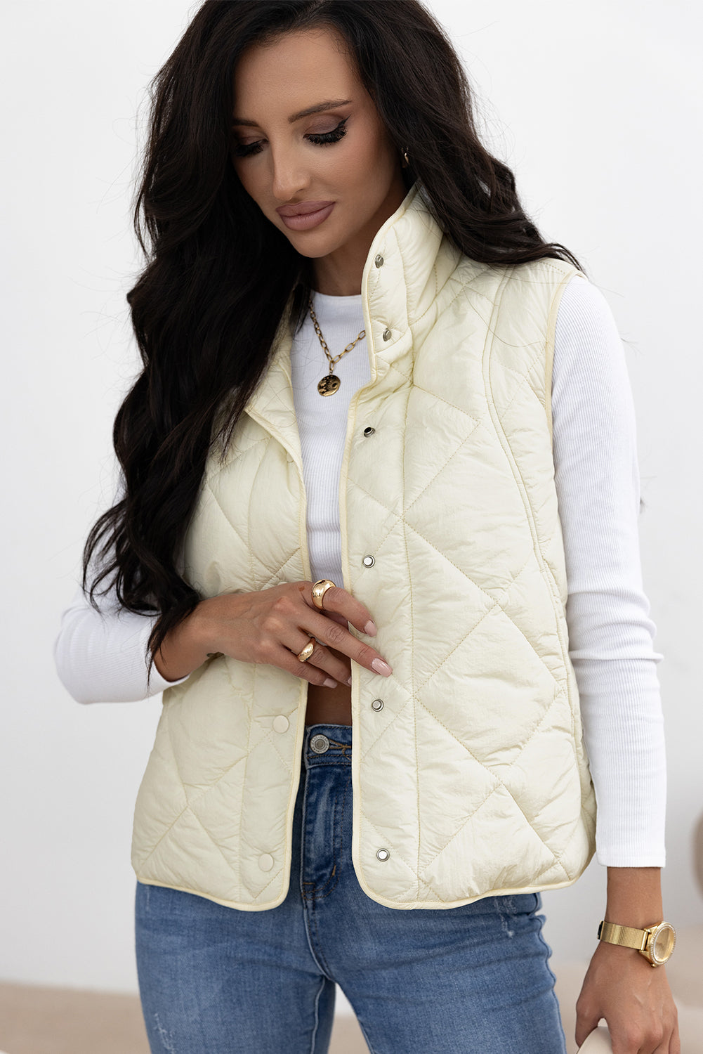 Beige Quilted High Neck Button Up Pocket Vest Coat-Chaelisa's New Jammies