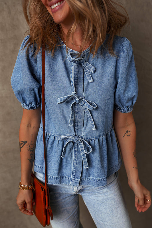 Dusk Blue Tied Front Bubble Sleeve Peplum Denim Shirt-Chaelisa's New Jammies