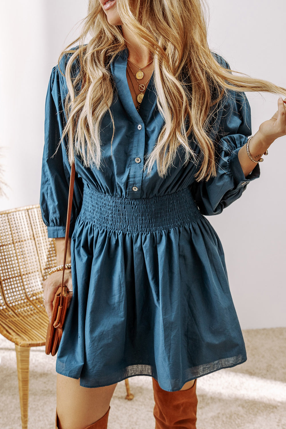 Prussian Blue 3/4 Sleeve Shirred High Waist Buttoned Mini Dress-Chaelisa's New Jammies