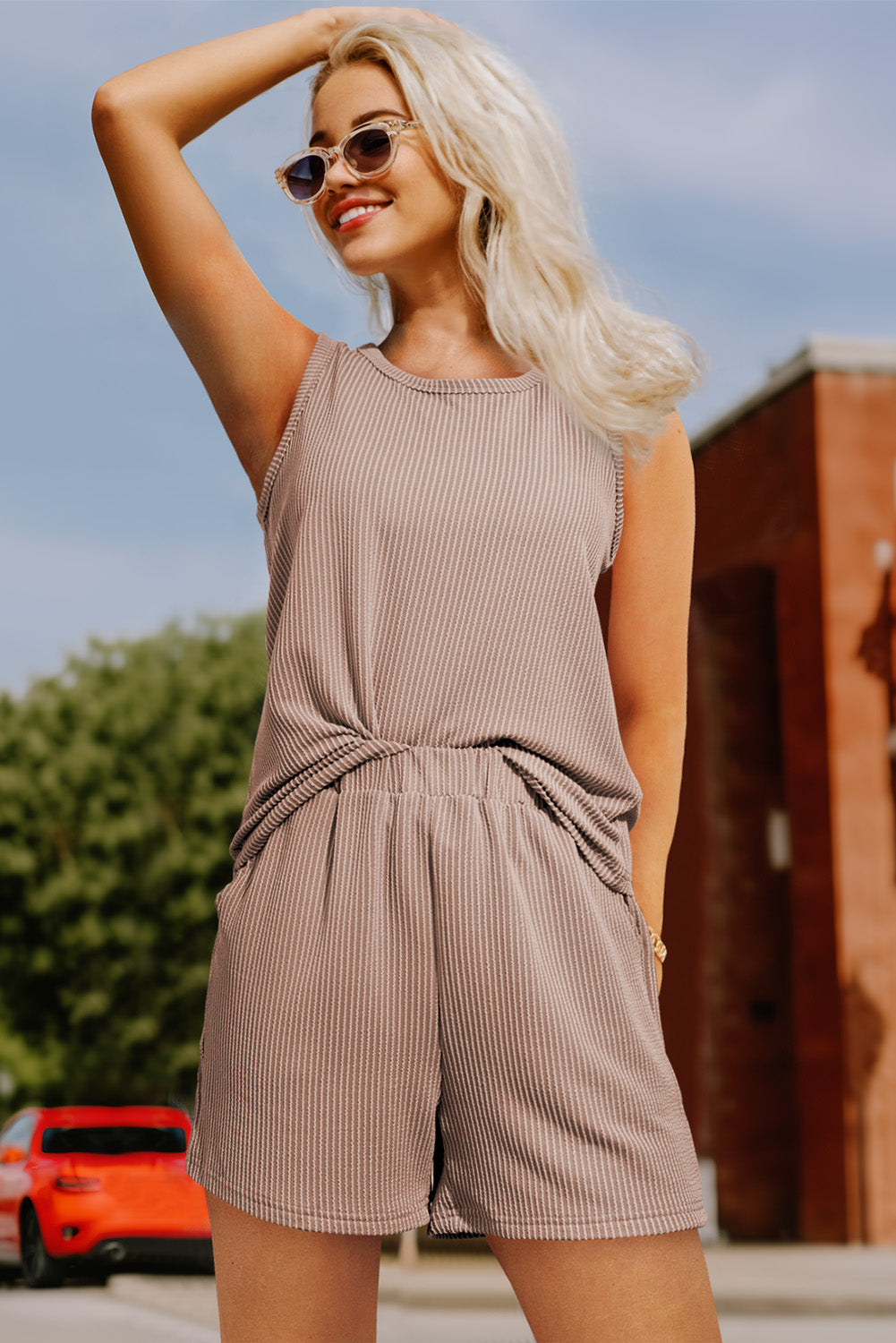 Smoke Gray Corded Sleeveless Top and Pocketed Shorts Set-Chaelisa's New Jammies