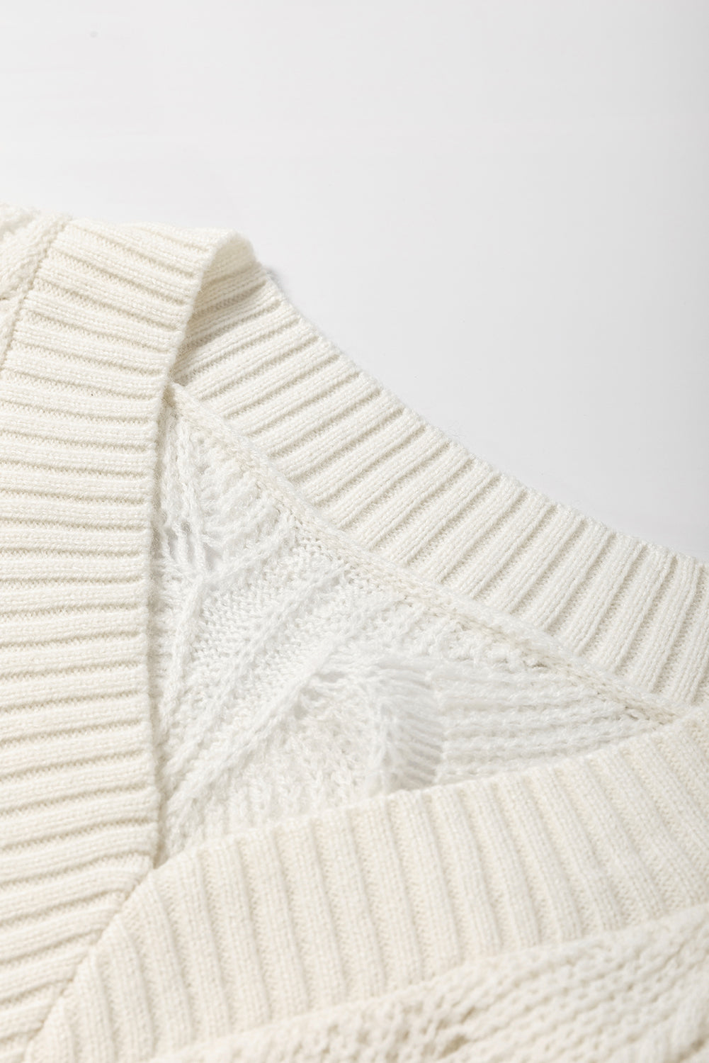 Beige Hollow Out Knit V Neck Drop Shoulder Sweater-Chaelisa's New Jammies