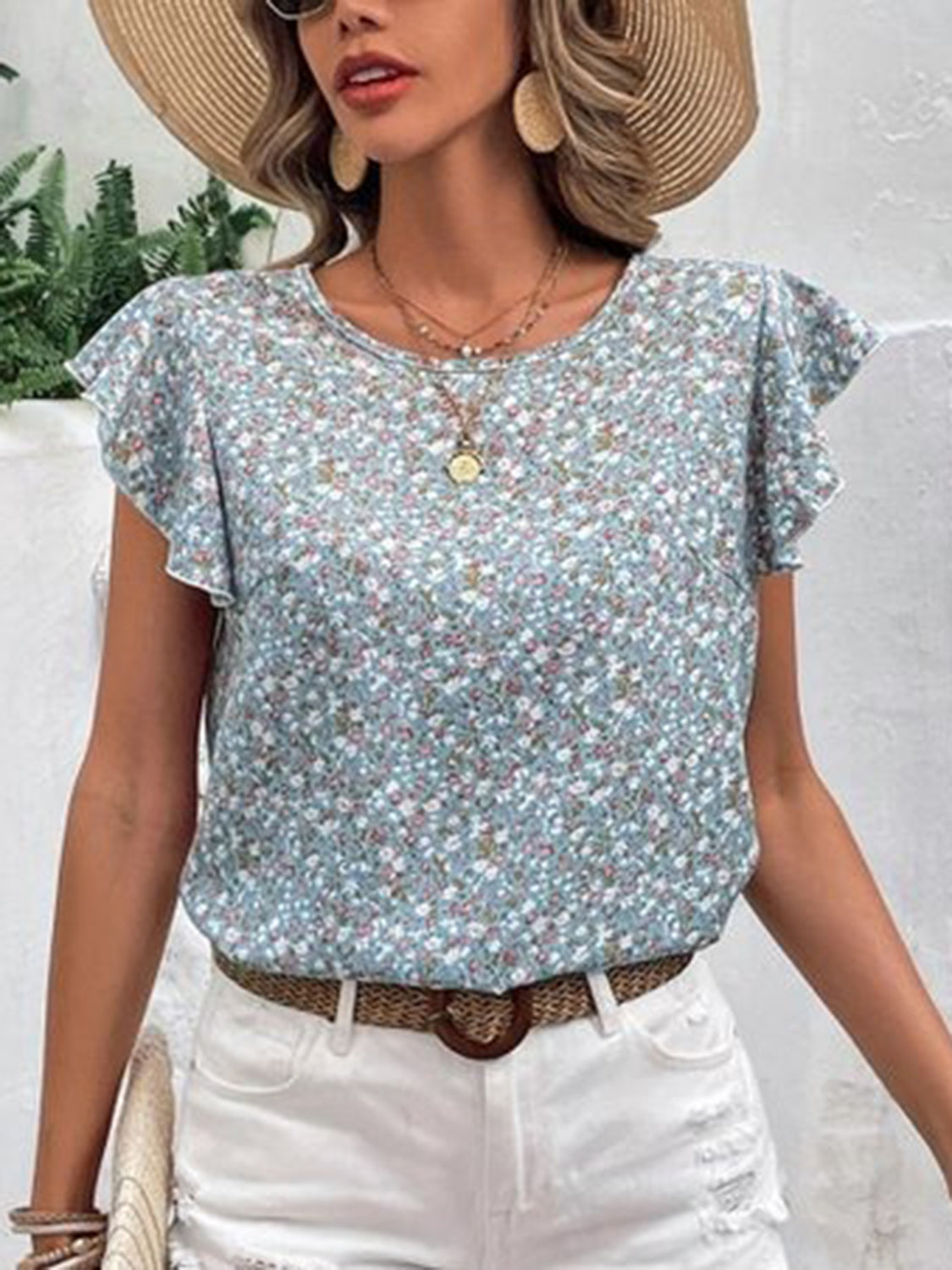 Ditsy Floral Round Neck Cap Sleeve Top-Chaelisa's New Jammies