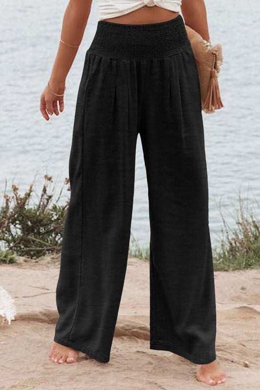 Black Shirred High Waist Plus Size Wide Leg Pants-Chaelisa's New Jammies