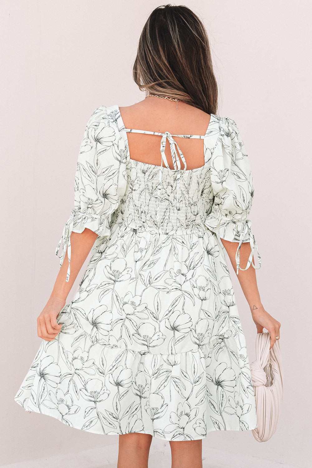 Beige Floral Print Square Neck Shirred Back Puff Sleeve Mini Dress-Chaelisa's New Jammies
