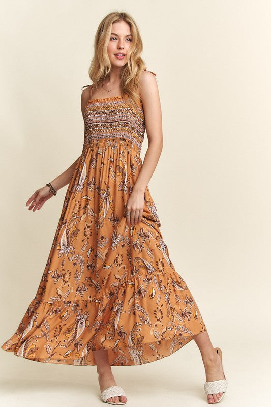 ADORA Smocked Printed Square Neck Tie Shoulder Cami Dress-Chaelisa's New Jammies