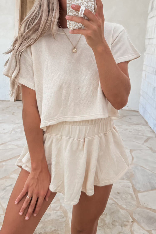 Beige 2pcs Cropped Tee and Ruffle High Waist Skort Set-Chaelisa's New Jammies