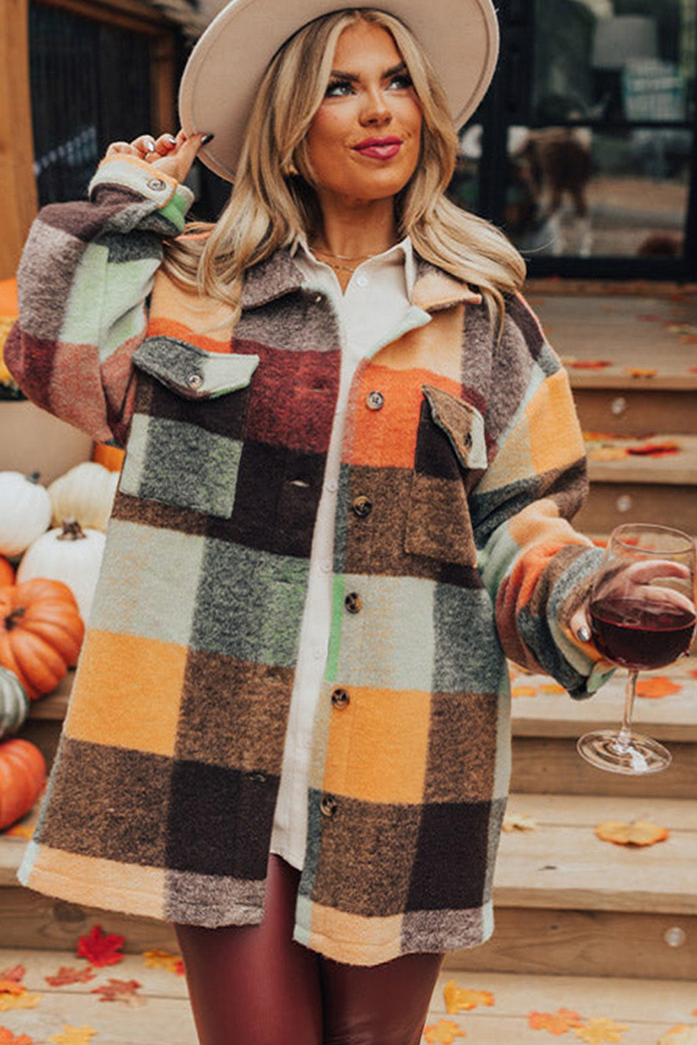 Orange Plaid Print Flap Pocket Long Jacket-Chaelisa's New Jammies