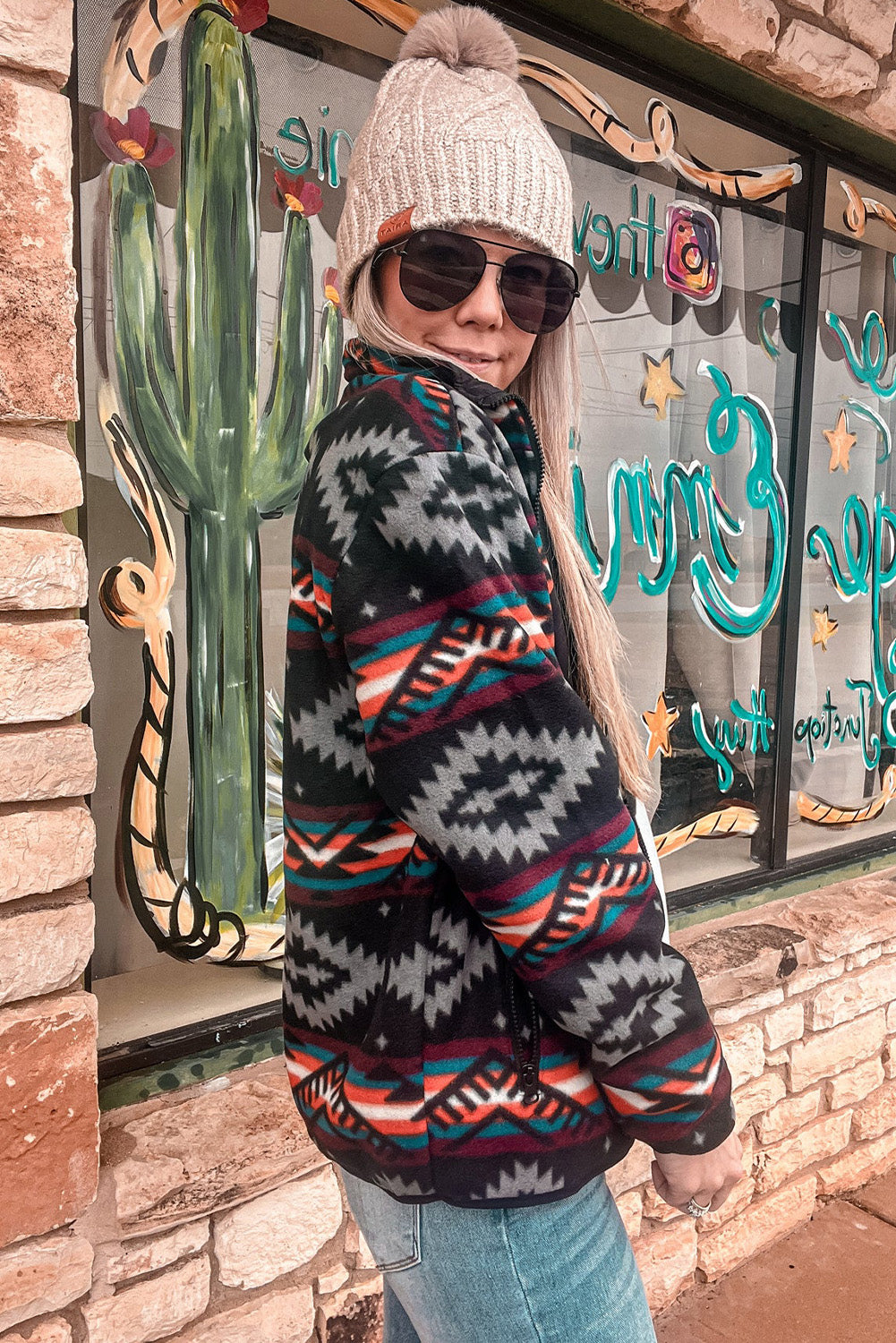Black Aztec Printed Zip Up Collar Jacket-Chaelisa's New Jammies