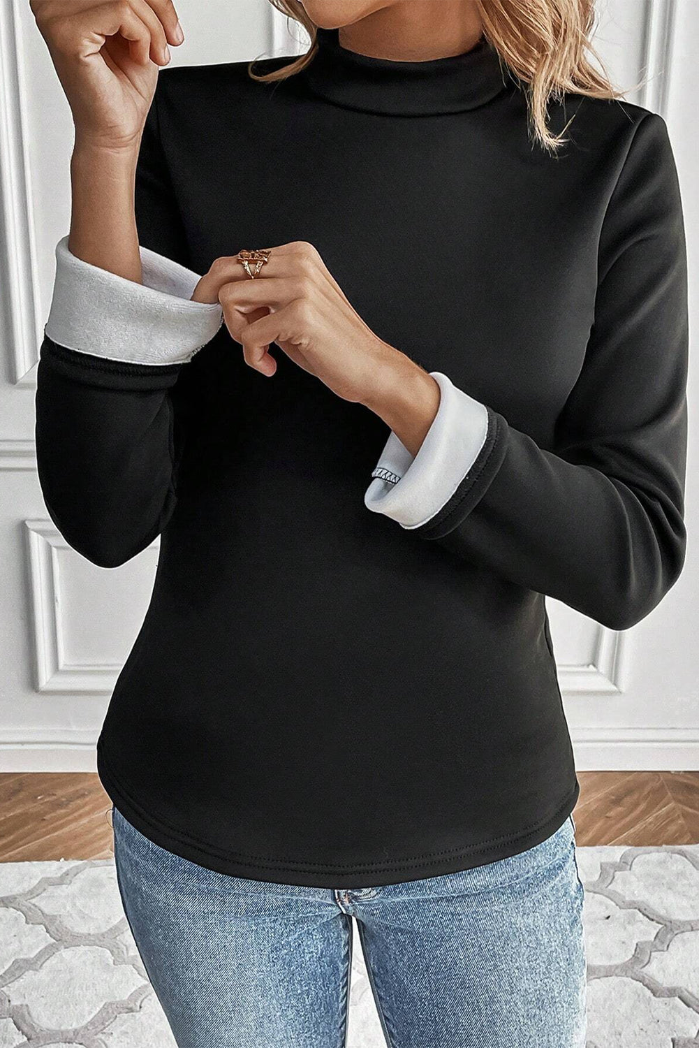 Black Mock Neck Thermal Lined Long Sleeve Tee-Chaelisa's New Jammies