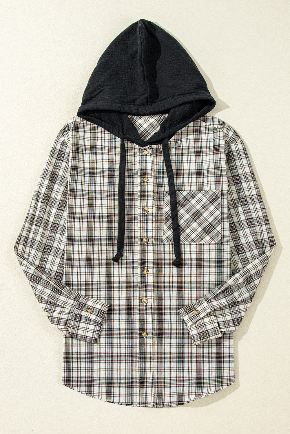 Black Checkered Print Loose Fit Buttoned Hooded Shacket-Chaelisa's New Jammies