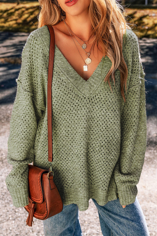 Jungle Green Loose Eyelet V Neck Drop Shoulder Sweater-Chaelisa's New Jammies
