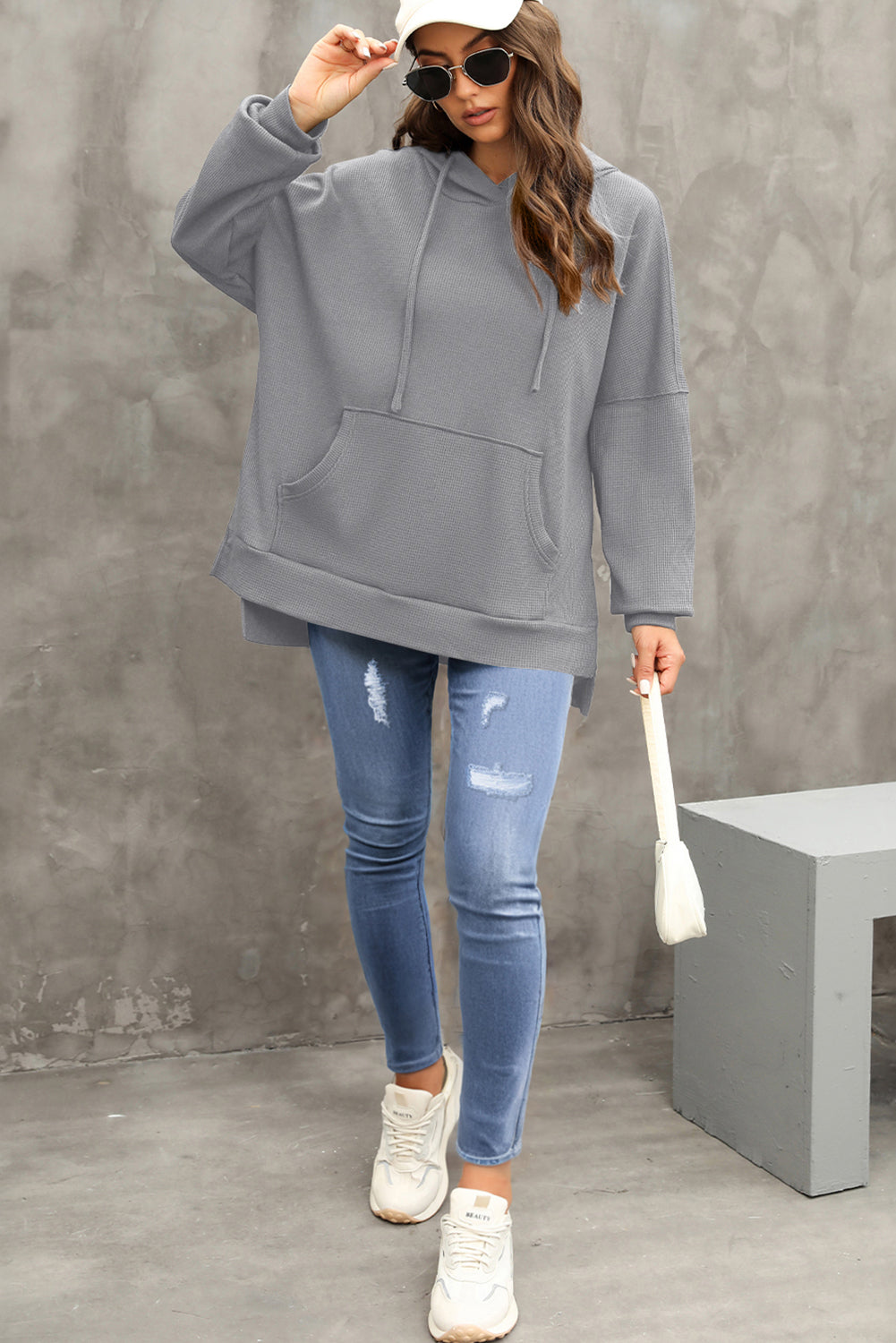 Gray Waffle Knit Fleece Lined High Low Oversized Hoodie-Chaelisa's New Jammies