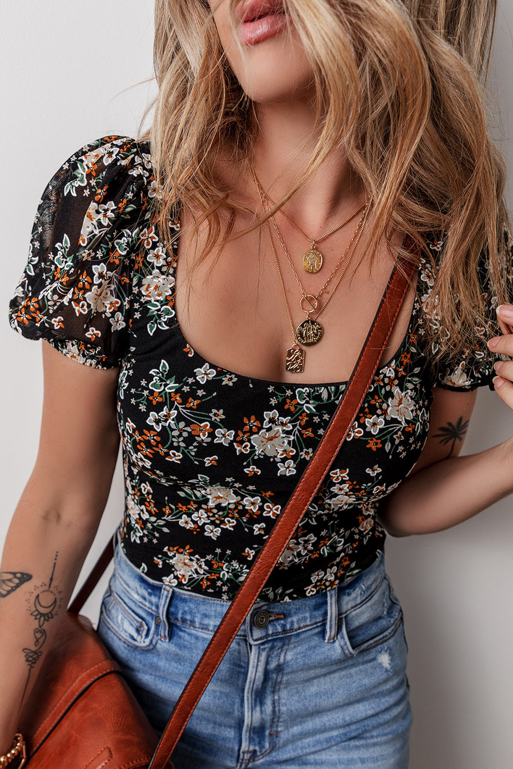Black Floral Print U Neck Short Puff Sleeve Bodysuit-Chaelisa's New Jammies