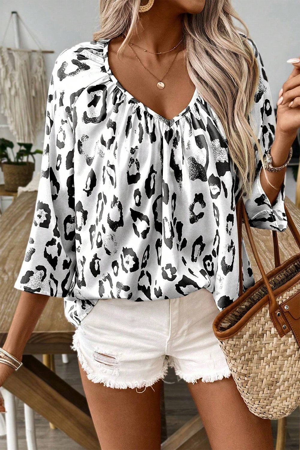 Black Leopard Print Ruched V Neck 3/4 Sleeve Blouse-Chaelisa's New Jammies