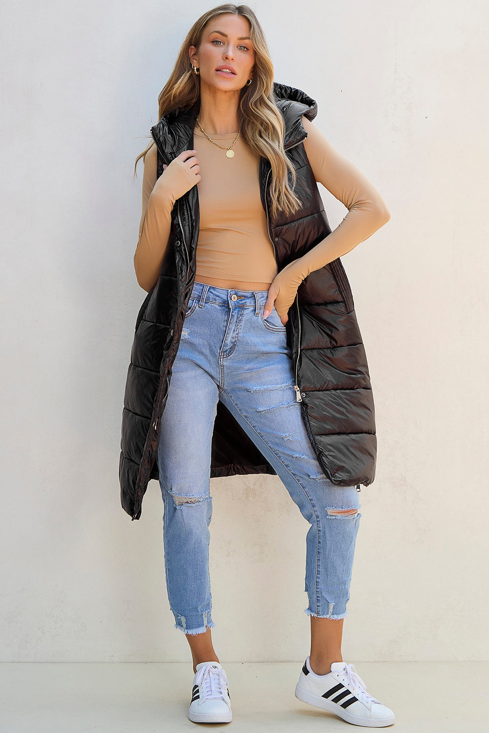 Black Hooded Long Quilted Vest Coat-Chaelisa's New Jammies