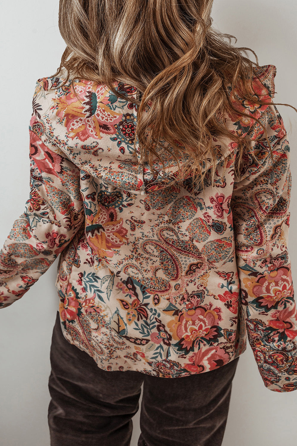 Beige Vintage Paisley Floral Printed Sherpa Lined Hooded Jacket-Chaelisa's New Jammies