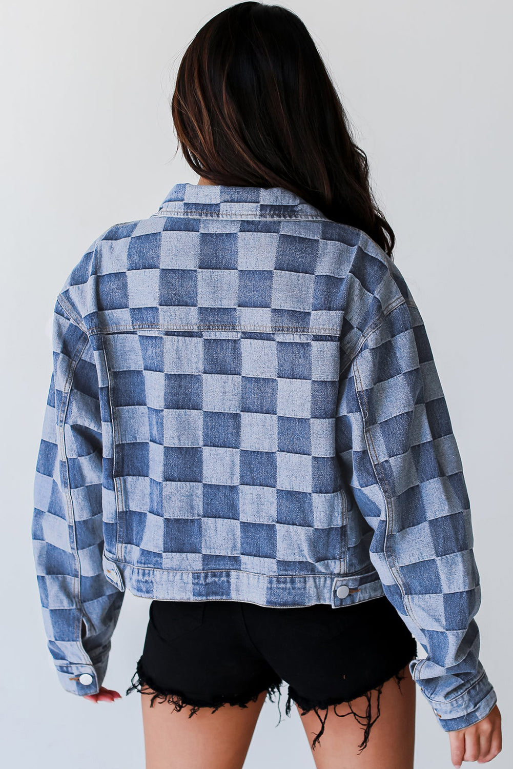 Light Blue Checkered Patchwork Button up Denim Jacket-Chaelisa's New Jammies