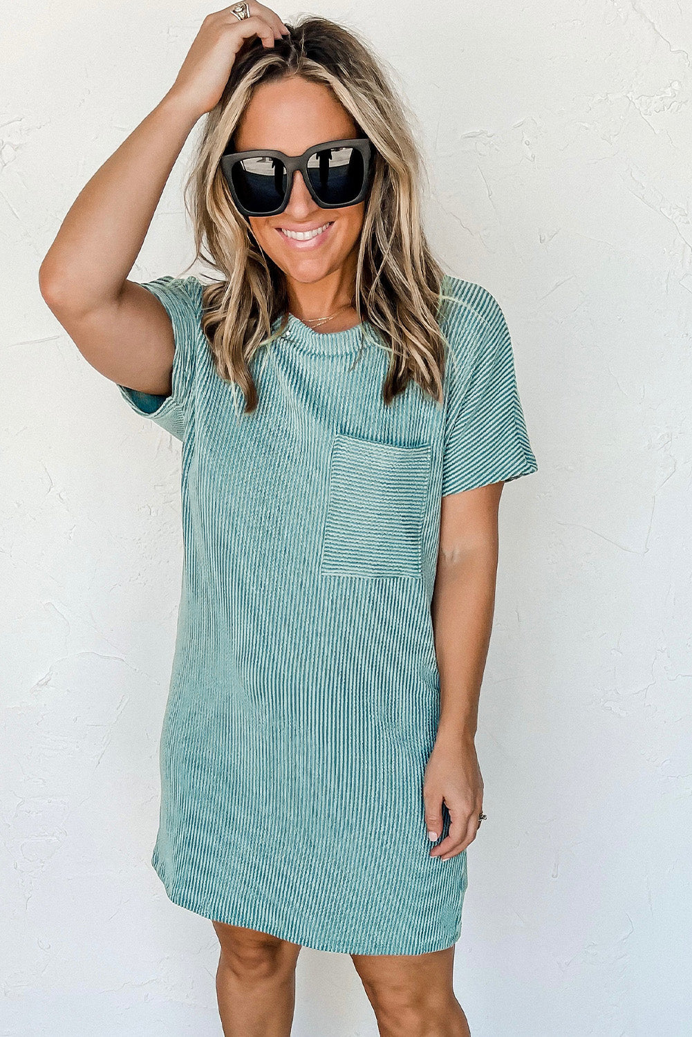 Blue Striped Ribbed Knit T-shirt Shift Dress-Chaelisa's New Jammies