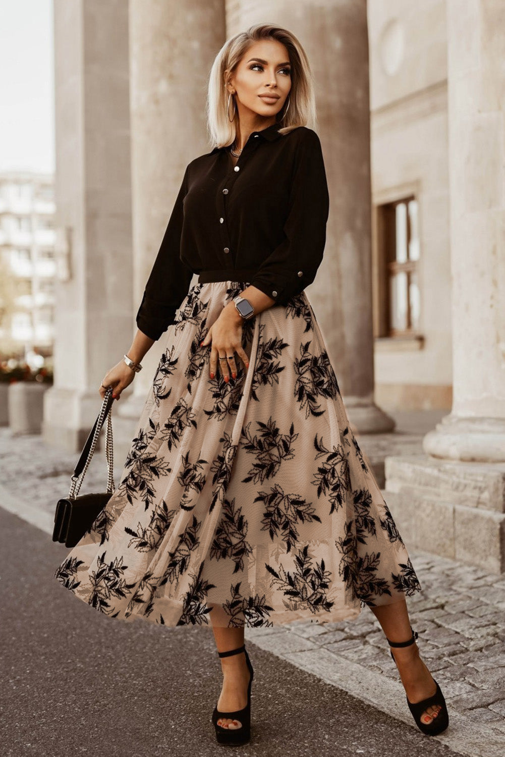 Apricot Floral Leaves Embroidered High Waist Maxi Skirt-Chaelisa's New Jammies