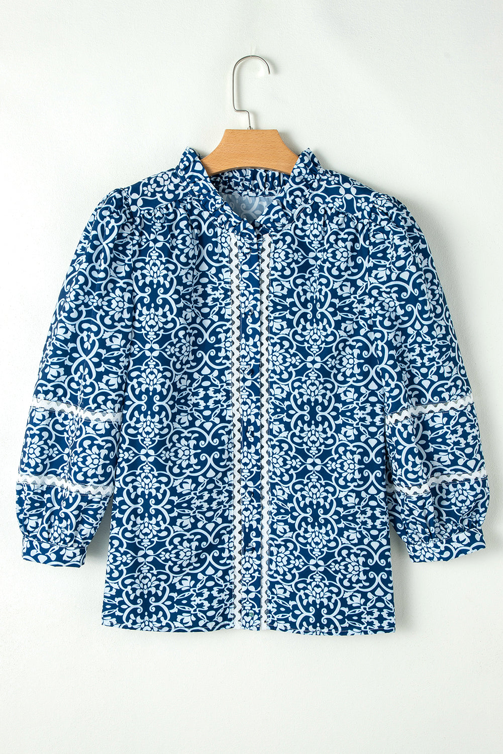 Blue Floral Ric-rac Patchwork Button Loose Fit Shirt-Chaelisa's New Jammies