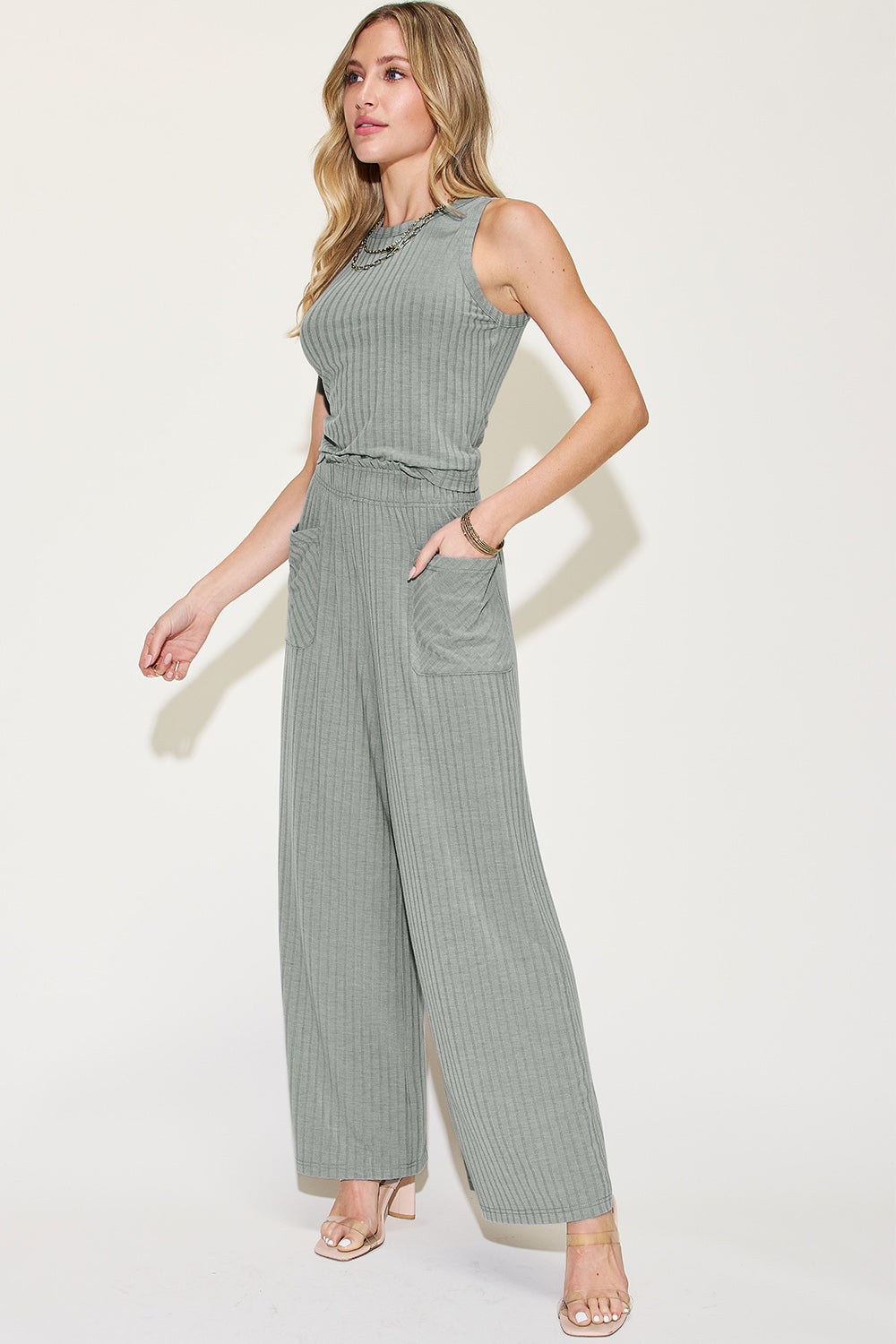 Basic Bae Full Size Ribbed Tank and Wide Leg Pants Set-Chaelisa's New Jammies