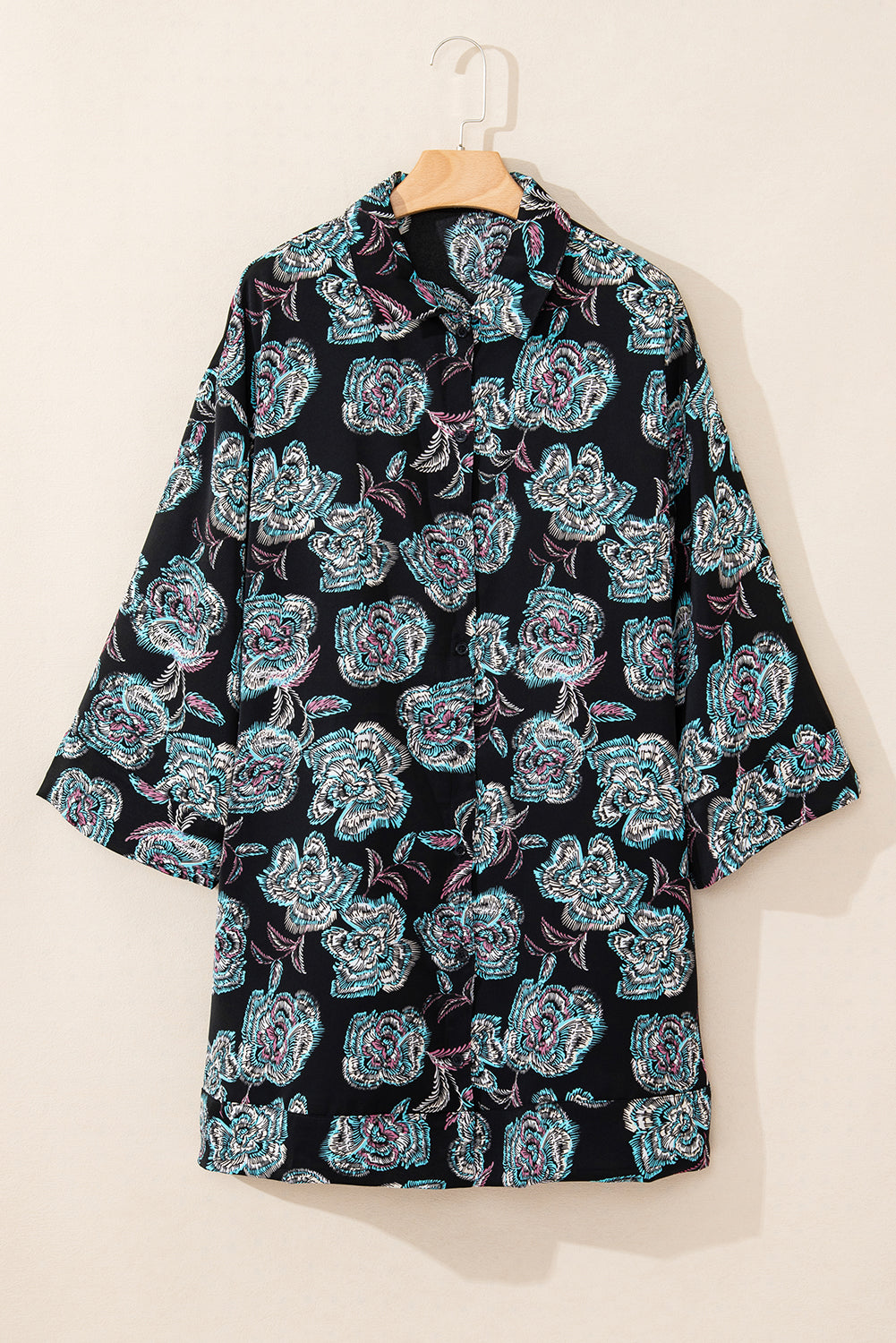 Black Floral Print Lapel Collar Loose Shirt Mini Dress-Chaelisa's New Jammies